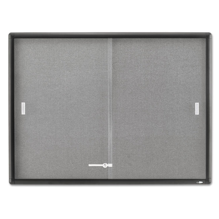 Enclosed Bulletin Board, Fabric/Cork/Glass, 48 x 36, Gray, Aluminum Frame