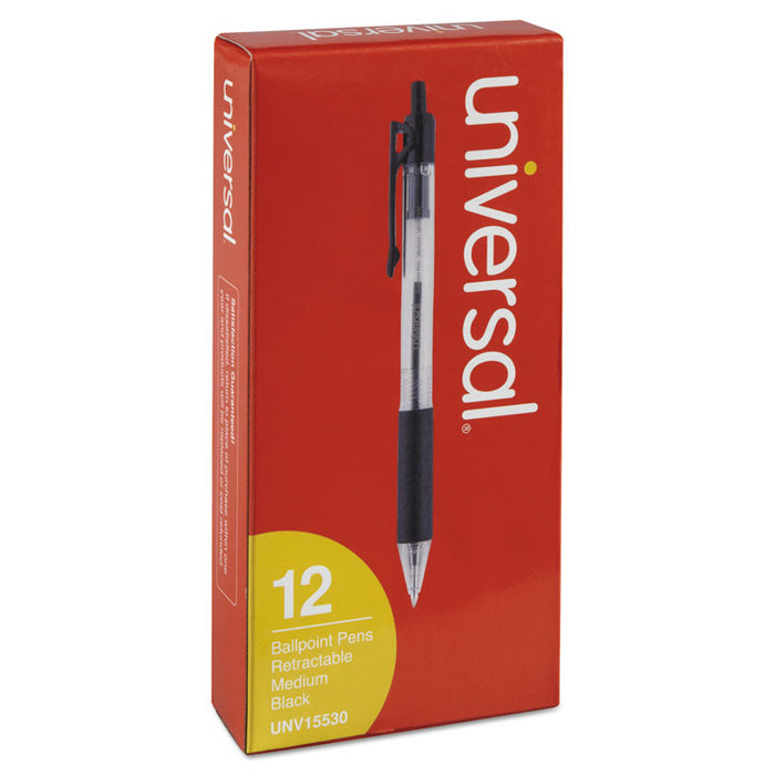 Comfort Grip Ballpoint Pen, Retractable, Medium 1 mm, Black Ink, Clear Barrel, Dozen