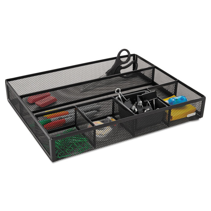 Metal Mesh Deep Desk Drawer Organizer, Six Compartments, 15.25 x 11.88 x 2.5, Black