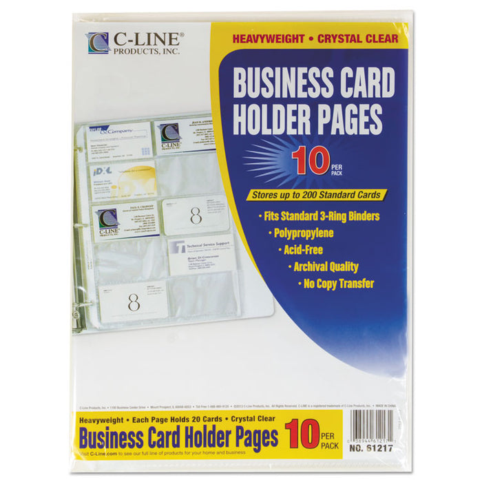 Business Card Binder Pages, For 2 x 3.5 Cards, Clear, 20 Cards/Sheet, 10 Sheets/Pack