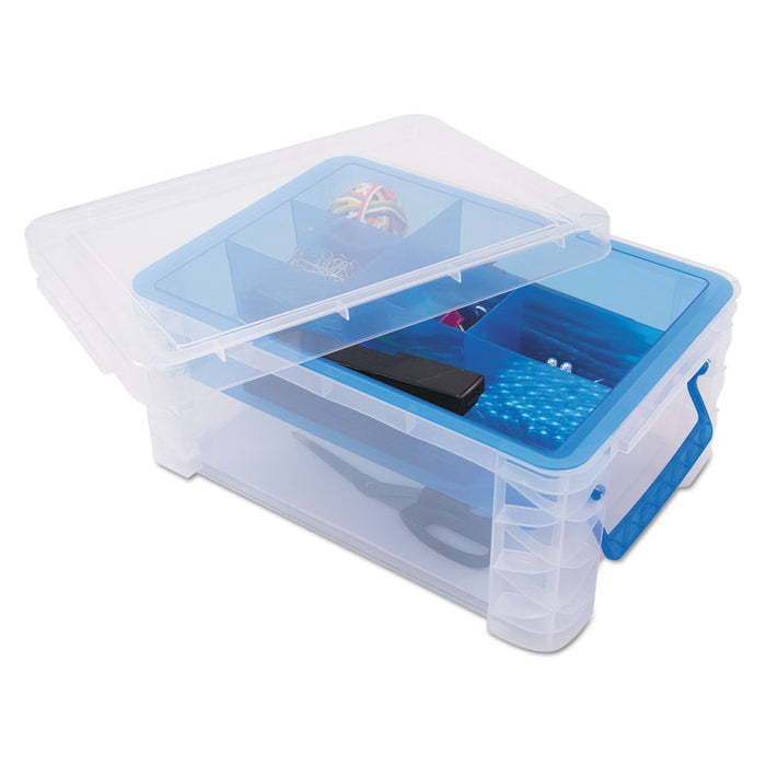 Super Stacker Divided Storage Box, Clear w/Blue Tray/Handles, 10.3 x 14.25x 6.5