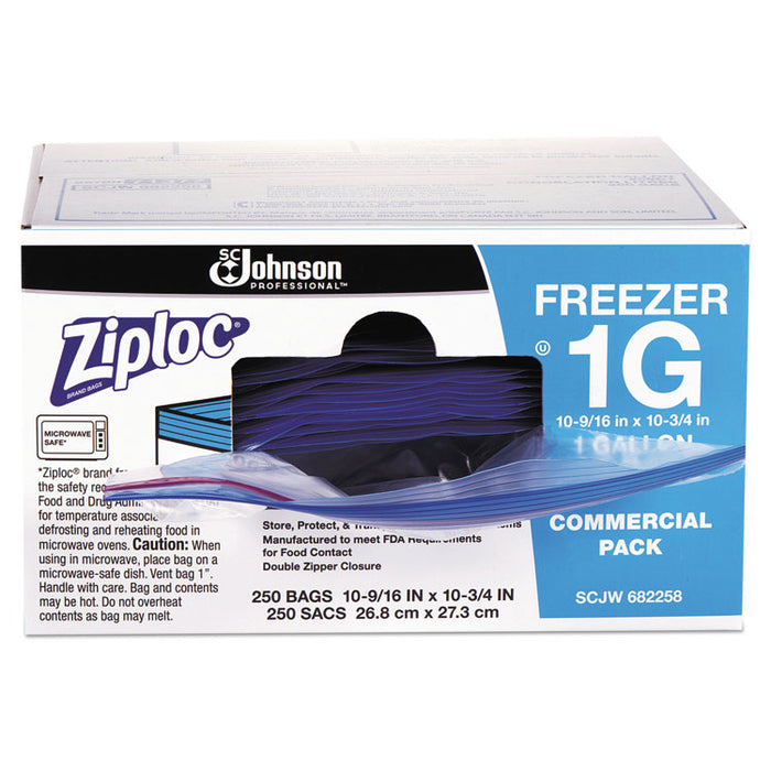 Double Zipper Freezer Bags, 1 gal, 2.7 mil, 10.56" x 10.75", Clear, 250/Carton