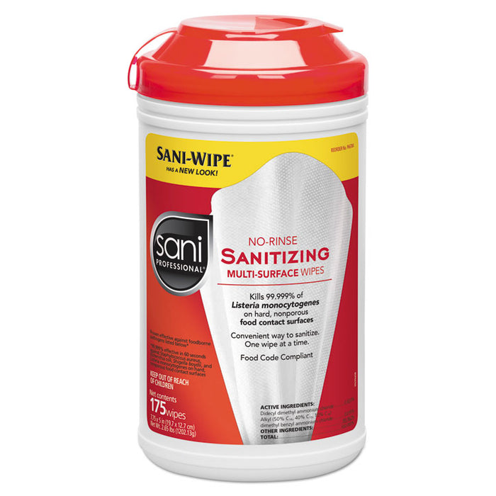 No-Rinse Sanitizing Multi-Surface Wipes, Unscented, White, 175/Container, 6/Carton