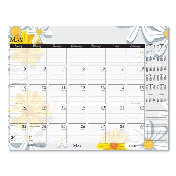 Recycled Desk Pad Calendar, Wild Flowers Artwork, 22 x 17, White Sheets, Black Binding/Corners,12-Month (Jan-Dec): 2023