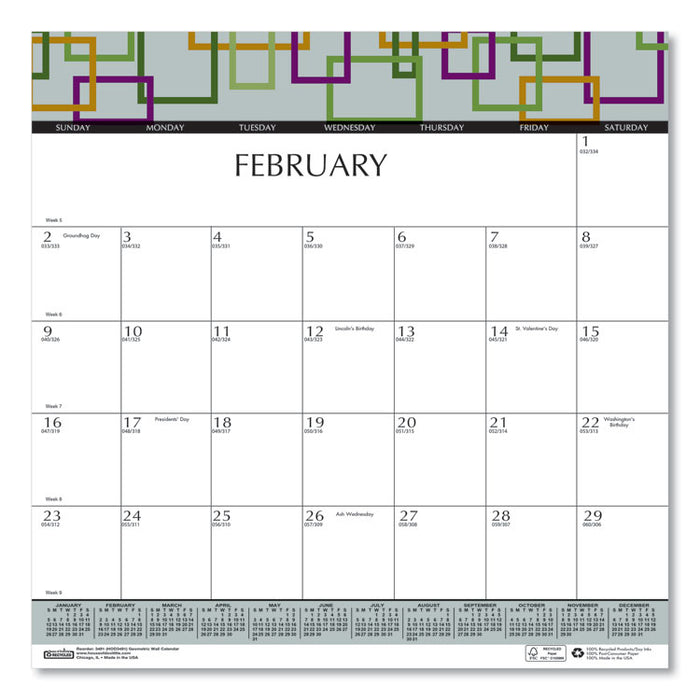Recycled Geometric Wall Calendar, Geometric Artwork, 12 x 12, White/Multicolor Sheets, 12-Month (Jan to Dec): 2023