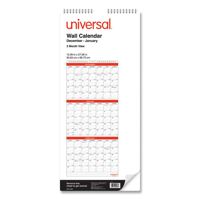 3-Month Wall Calender, White/Black/Red, 12 x 27, 2021