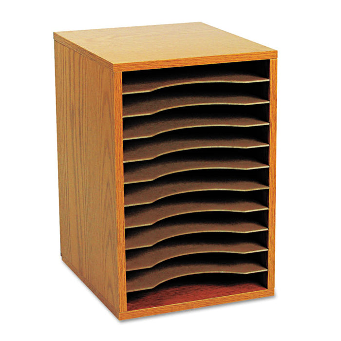 Wood Vertical Desktop Sorter, 11 Compartments, 10.63 x 11.88 x 16, Medium Oak