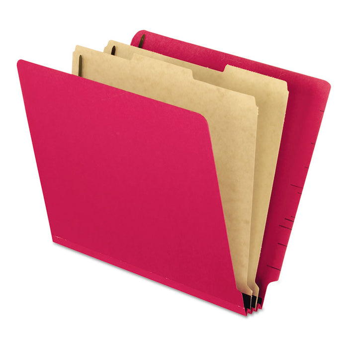 Pressboard End Tab Classification Folders, Straight Tab, Expands 2", 2 Dividers, 6 Fasteners, Letter Size, Red, 10/Box