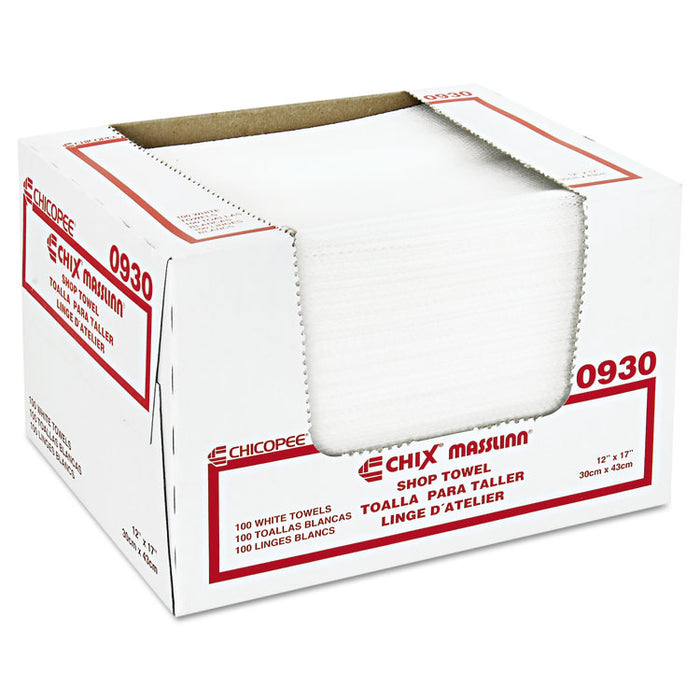 Masslinn Shop Towels, 1-Ply, 12 x 17, Unscented, White, 100/Pack, 12 Packs/Carton
