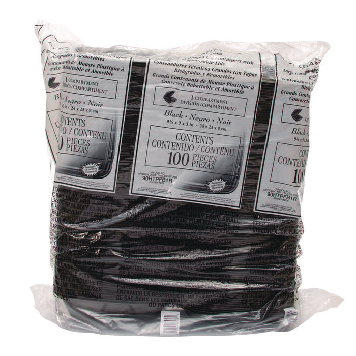 Insulated Foam Hinged Lid Containers, 9.01 x 9.4 x 3.1, Black, 100/Bag, 2 Bags/Carton, 200 Containers/Carton