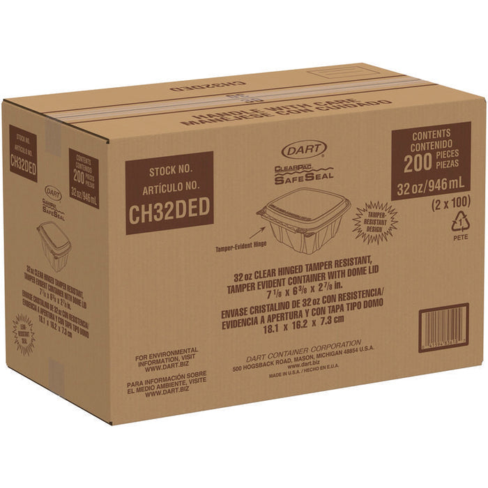 ClearPac SafeSeal Tamper-Resistant/Evident Containers, Domed Lid, 32 oz, Clear, Plastic, 100/Bag, 2 Bags/Carton