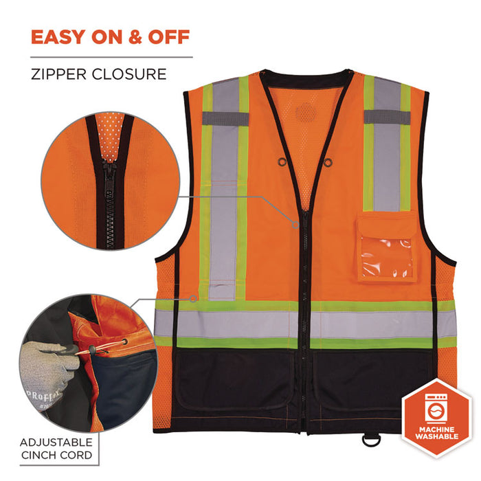 GloWear 8251HDZ Class 2 Two-Tone Hi-Vis Safety Vest, Polyester, 4X-Large to 5X-Large, Orange