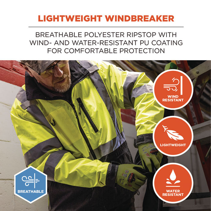 GloWear 8351 Class 3 Hi-Vis Windbreaker Water-Resistant Jacket, Medium, Lime