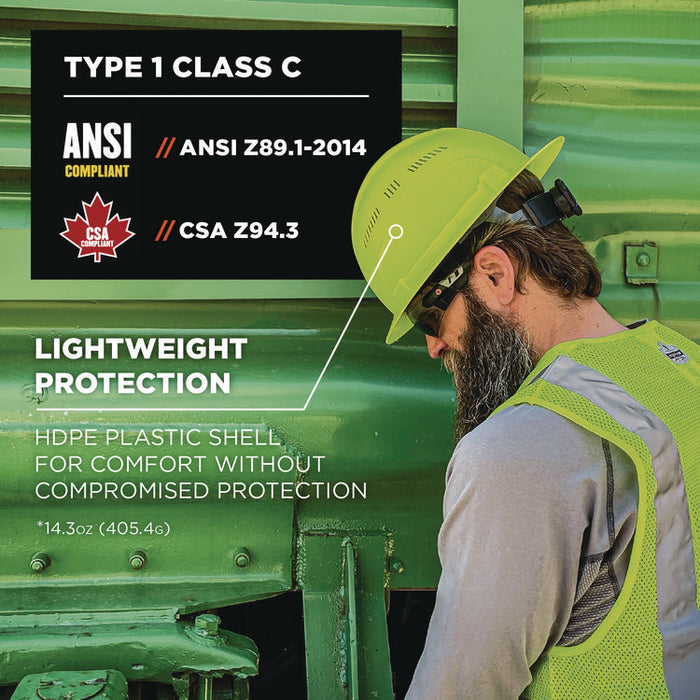 Skullerz 8968 Class C Lightweight Full Brim Hard Hat with Adjustable Venting, 6-Point Ratchet, One Size Fits Most, Lime