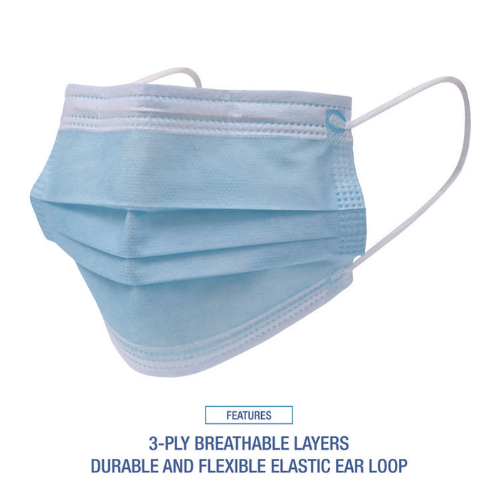 Three-Ply General Use Face Mask, Polypropylene, One Size Fits Most, Blue, 50/Box, 40 Boxes/Carton