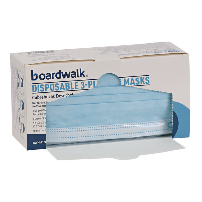 Three-Ply General Use Face Mask, Polypropylene, One Size Fits Most, Blue, 50/Box, 40 Boxes/Carton