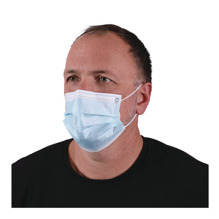 Three-Ply General Use Face Mask, Polypropylene, One Size Fits Most, Blue, 50/Box, 40 Boxes/Carton
