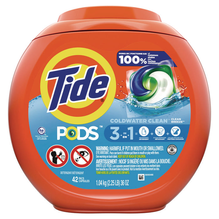 PODS Laundry Detergent, HE Compatible, Clean Breeze, 36 oz Tub, 42 Pacs/Tub, 4 Tubs/Carton