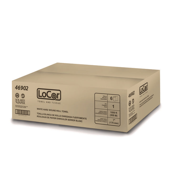 Hard Wound Roll Towel. 1-Ply, 7" x 1,000 ft, White, 6 Rolls/Carton