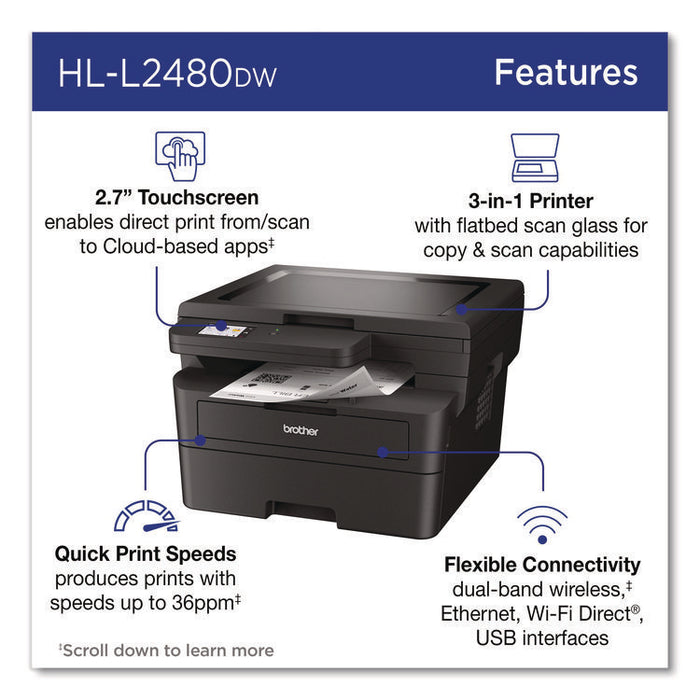 Wireless HL-L2480DW Compact Monochrome Multi-Function Laser Printer, Copy/Print/Scan