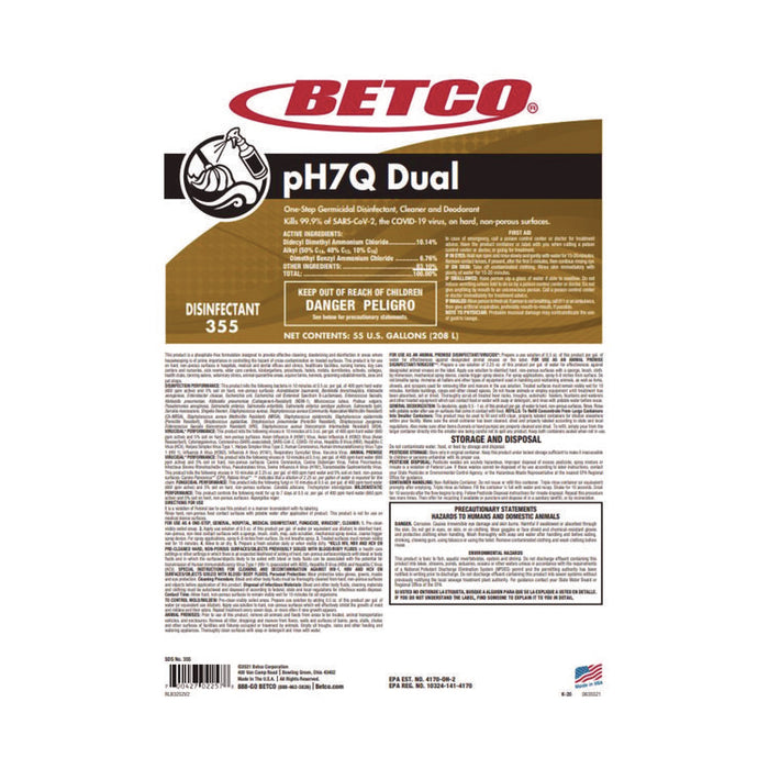 pH7Q Dual Neutral Disinfectant Cleaner, Lemon Scent, 55 gal Drum