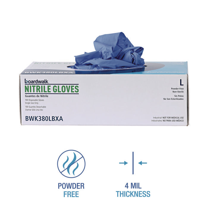 380 Series Disposable General-Purpose Nitrile Gloves, Powder-Free, Large, 4 mil Thick, 9.5" Long, Blue, 100/Box