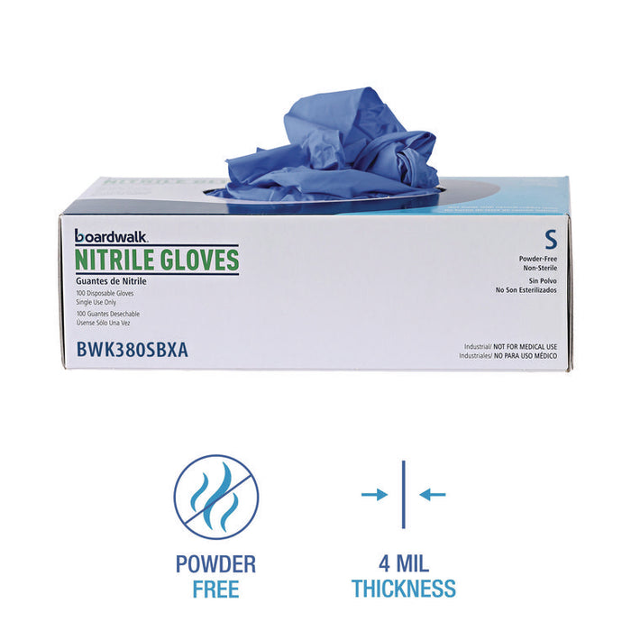 380 Series Disposable General-Purpose Nitrile Gloves, Powder-Free, Small, 4 mil Thick, 9.5" Long, Blue, 100/Box, 10 Boxes/CT