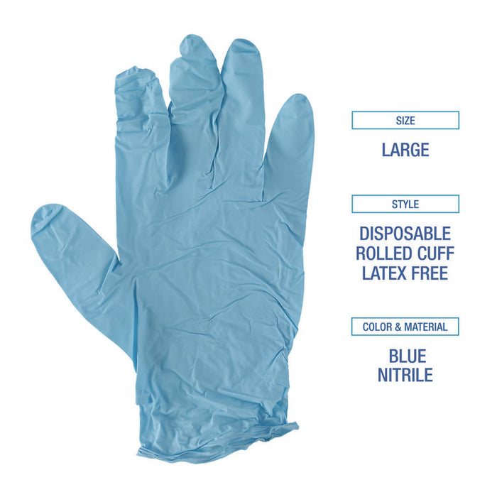 Disposable Examination Nitrile Gloves, Powder-Free, Large, 5 mil Thick, 9.5" Long, Blue, 100/Box