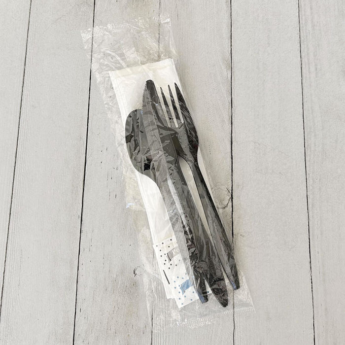 Six-Piece Cutlery Kit, Mediumweight, Fork/Knife/Napkin/Pepper/Salt/Spoon, 5.86", Plastic, Black, 250/Carton