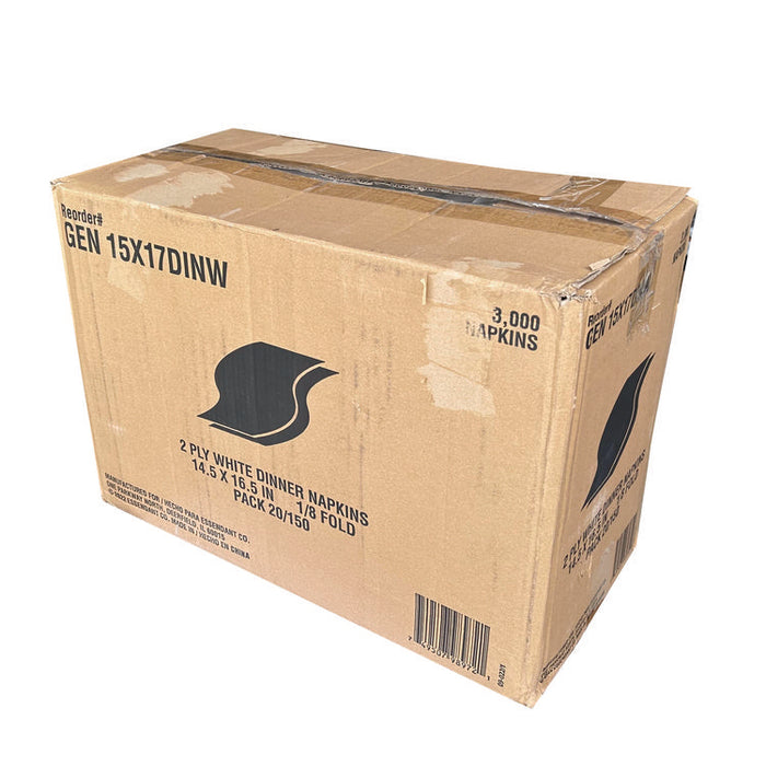Dinner Napkins, 2-Ply, 14.5 x 16.5, White, 150/Pack, 20 Packs/Carton