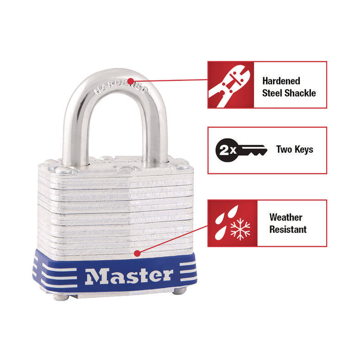 Four-Pin Tumbler Lock, Laminated Steel Body, 1.56" Wide, Silver/Blue, 2 Keys