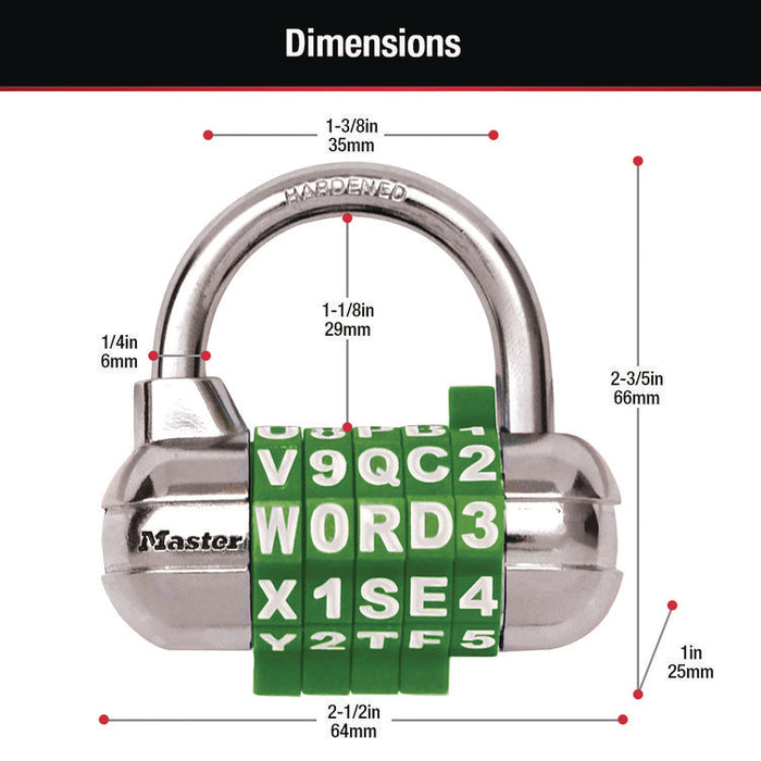 Password Plus Combination Lock, Hardened Steel Shackle, 2.5" Wide, Chrome/Assorted