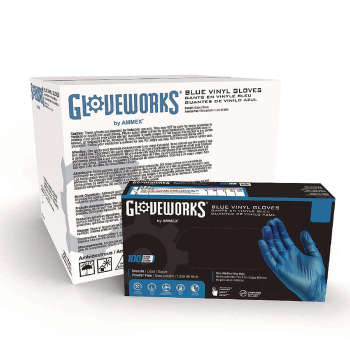 Industrial Vinyl Gloves, Powder-Free, Large, 3 mil Thick, 9.5" Long, Blue, 100/Box, 10 Boxes/Carton
