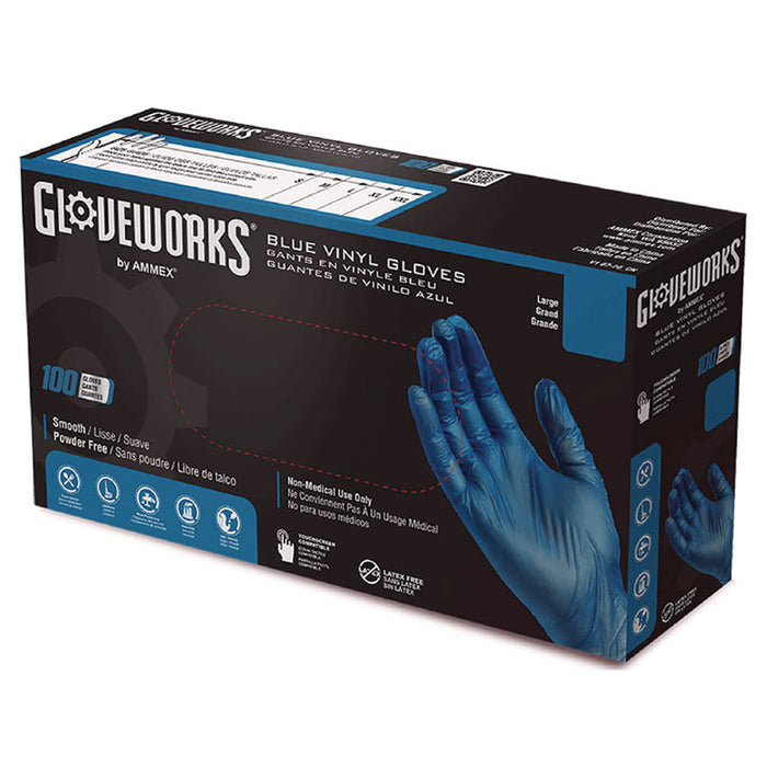 Industrial Vinyl Gloves, Powder-Free, Large, 3 mil Thick, 9.5" Long, Blue, 100/Box, 10 Boxes/Carton