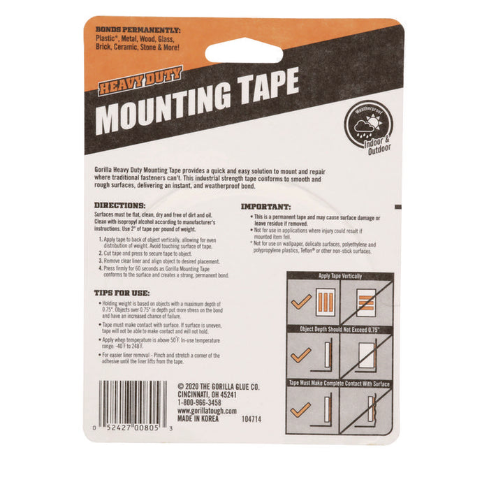 Heavy Duty Mounting Tape, Permanent, Holds Up to 1 lb/2 sq in, 1" x 120", Black