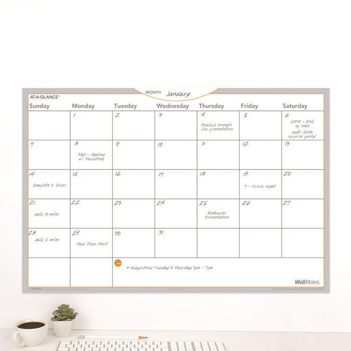 WallMates Self-Adhesive Dry Erase Monthly Planning Surfaces, 36 x 24, White/Gray/Orange Sheets, Undated