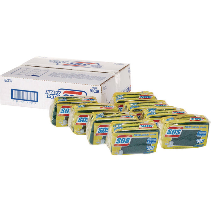 Heavy Duty Scrubber Sponge, 2.5 x 4.5, 0.9" Thick, Yellow/Green, 3/Pack, 8 Packs/Carton
