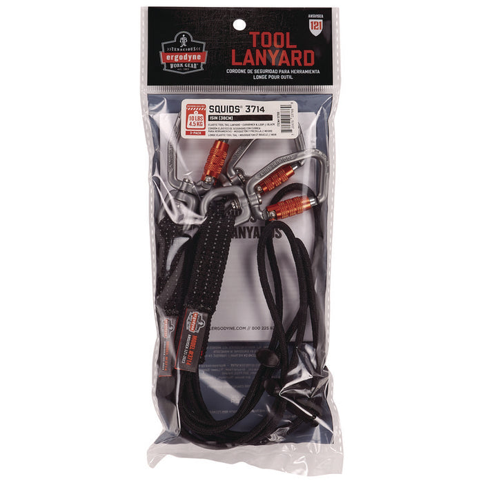 Squids 3714 Elastic Tool Tail Lanyard w/Carabiner and Cinch Loop, 10 lb Max Working Capacity, 15" Long, Black, 3/Pack