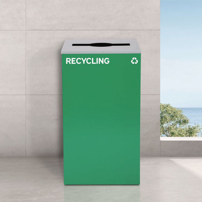 29 Gallon Trash/Recycling Cans, Steel, Green Recycling Can with Mixed Lid, Black Trash Can with Square Lid