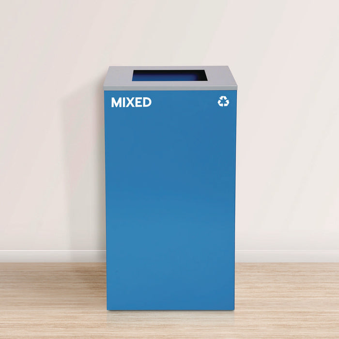 29 Gallon Trash/Recycling Cans, Steel, Blue Mixed Recycling and Black Trash Cans w/Square Lids, Green Compost Can w/Mixed Lid