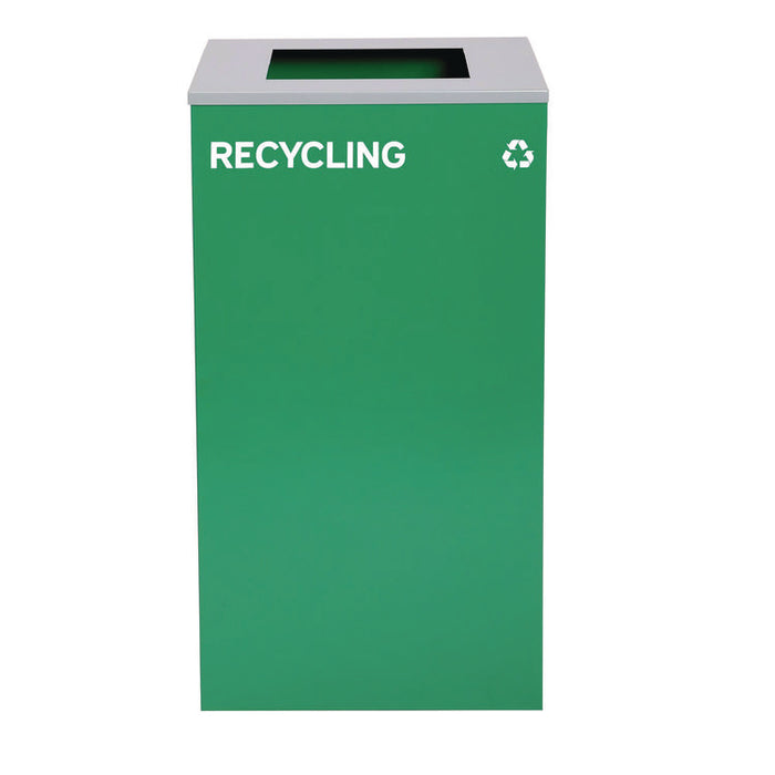 29 Gallon Trash/Recycling Cans, Steel, Blue Recycling Can w/Mixed Lid, Green Recycling Can and Black Trash Can with Sq Lid