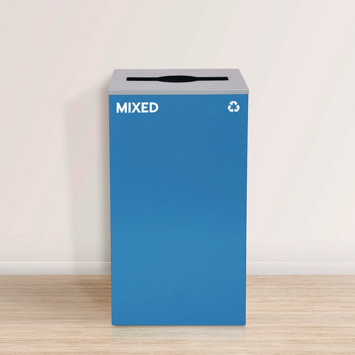 29 Gallon Trash/Recycling Cans, Steel, Blue Mixed Recycling and Green Compost Cans w/Mixed Lids, Black Trash Can w/Square Lid