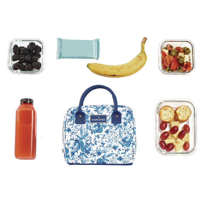 Simplified Lunch Bag with 4 Food Containers, 9 x 6 x 10, Blue Floral