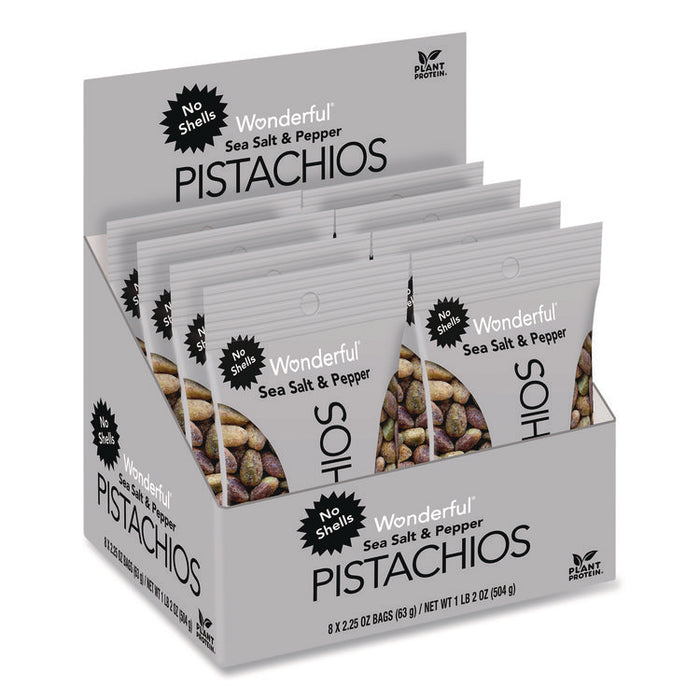 No Shells Sea Salt and Pepper Pistachios, 2.25 oz Pack, 8/Box