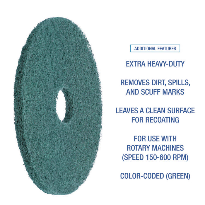Heavy-Duty Scrubbing Floor Pads, 13" Diameter, Green, 5/Carton