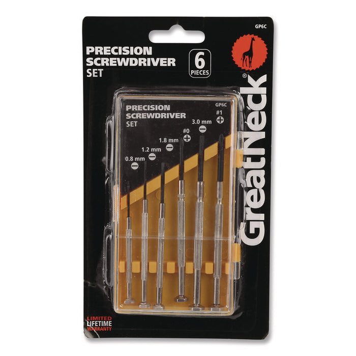 Precision Screwdriver Set, Six-Piece, Phillips/Slotted, Assorted Lengths, Polished Steel Handles