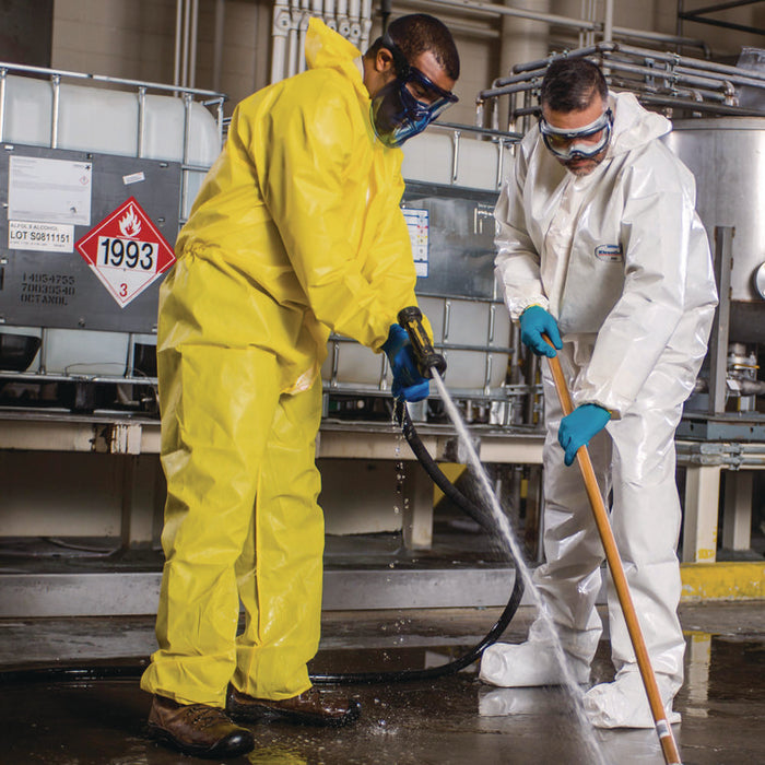 A70 Chemical Spray Protection Coveralls, Elastic Wrists, Ankles, Hood and Boots, Medium, Yellow, 12/Carton