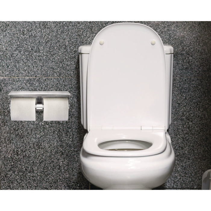 Double Post Toilet Paper Holder with Shelf Storage Rack, 3.87 x 10.5 x 3.95, Brushed Stainless Steel