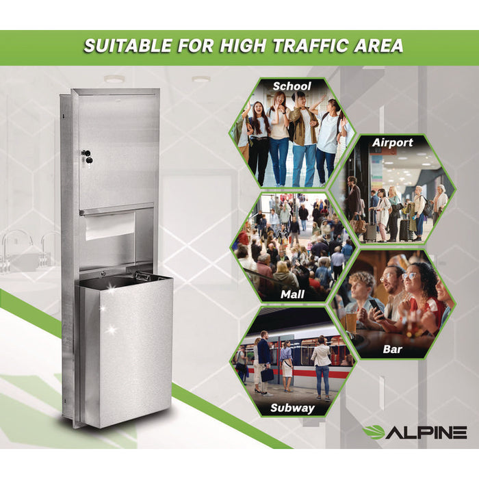 Stainless Steel Recessed Paper Towel Dispenser with Waste Receptacle, 56 x 4 x 17