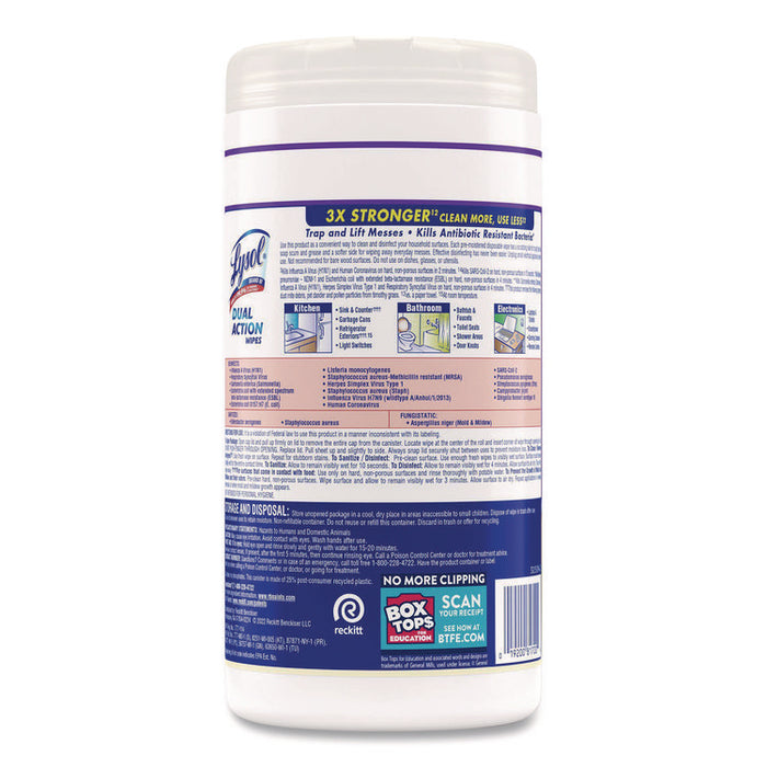Dual Action Disinfecting Wipes, 1-Ply, 7 x 7.25, Citrus, White/Purple, 75/Canister